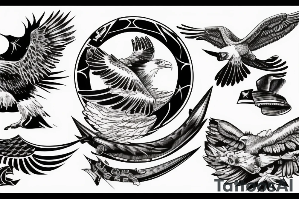 Arm sleeve with bald eagle, ship, and 
mountains and hunting in back tattoo idea