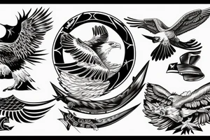 Arm sleeve with bald eagle, ship, and 
mountains and hunting in back tattoo idea