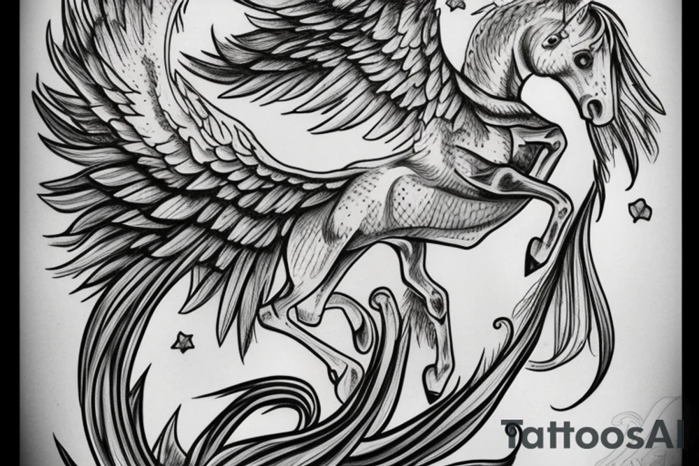Green mythology, with cloud background and a Pegasus, zues tattoo idea