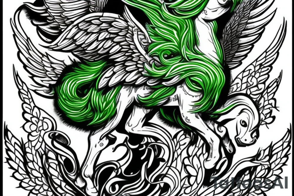 Green mythology, with cloud background and a Pegasus, zues tattoo idea