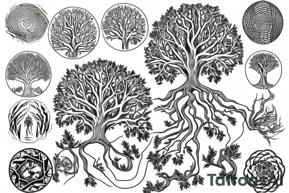 Oak Tree forming a circle with the branches and roots meeting at the sides. tattoo idea