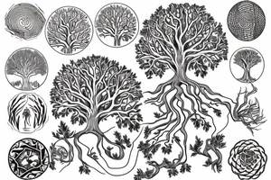 Oak Tree forming a circle with the branches and roots meeting at the sides. tattoo idea