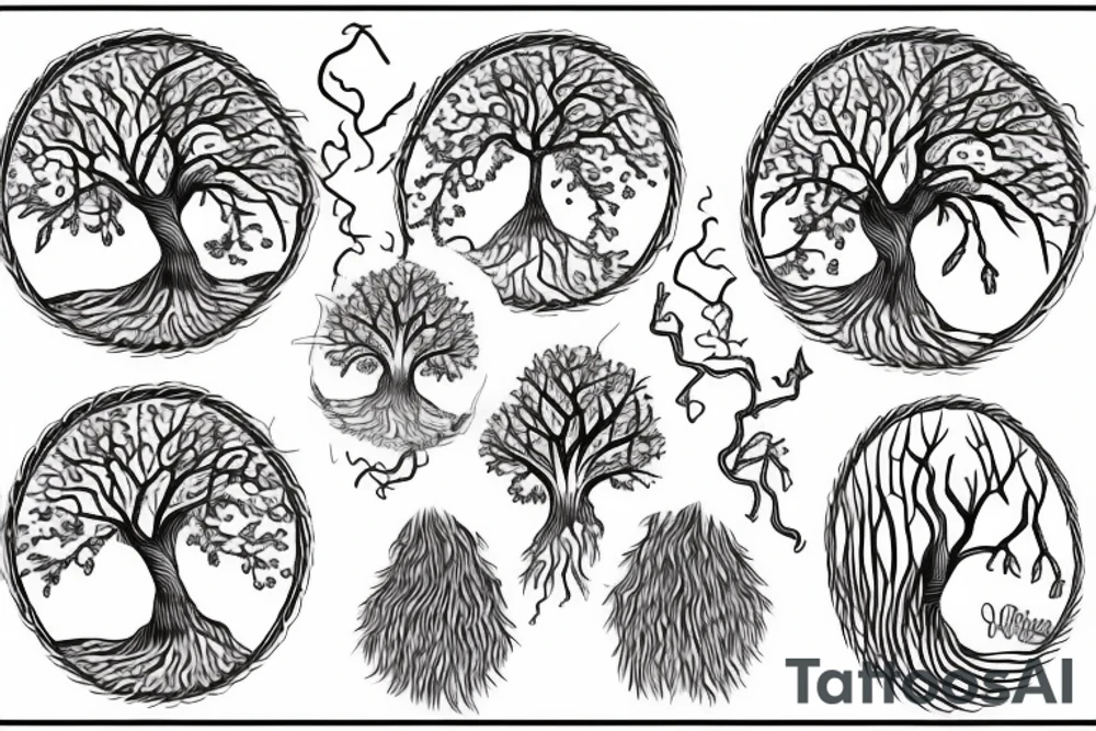 Oak Tree forming a circle with the branches and roots meeting at the sides. tattoo idea