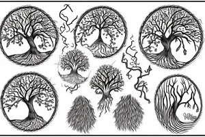 Oak Tree forming a circle with the branches and roots meeting at the sides. tattoo idea
