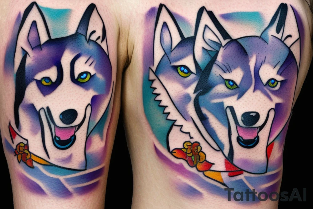 Happy husky running in snow tattoo idea