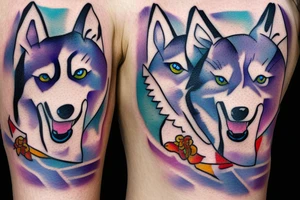 Happy husky running in snow tattoo idea