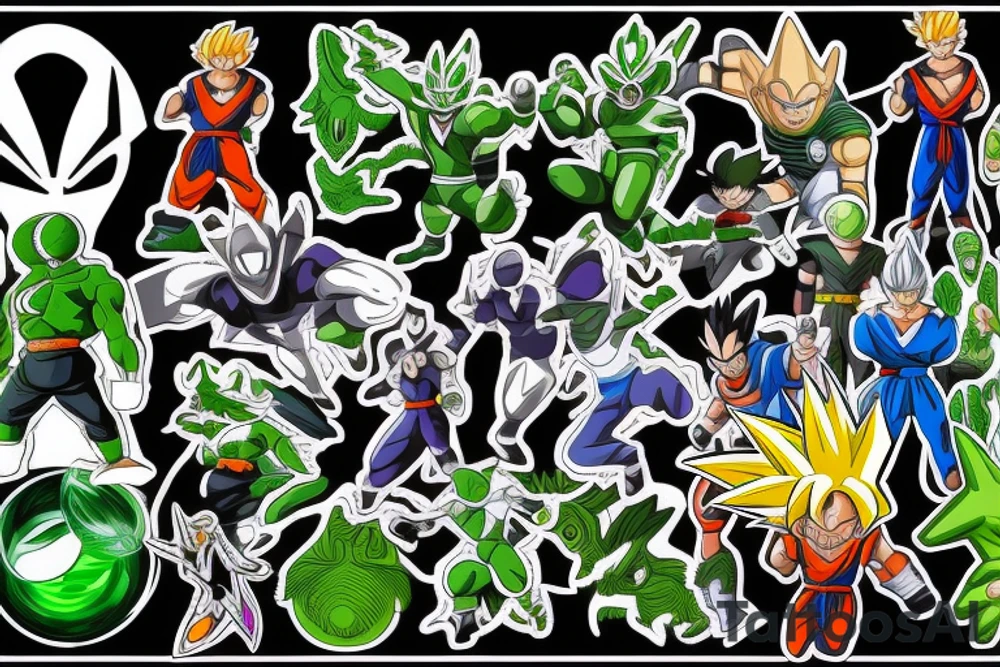 Green power ranger with dragon ball z with Pokémon with marvel characters with Norse mythology tattoo idea