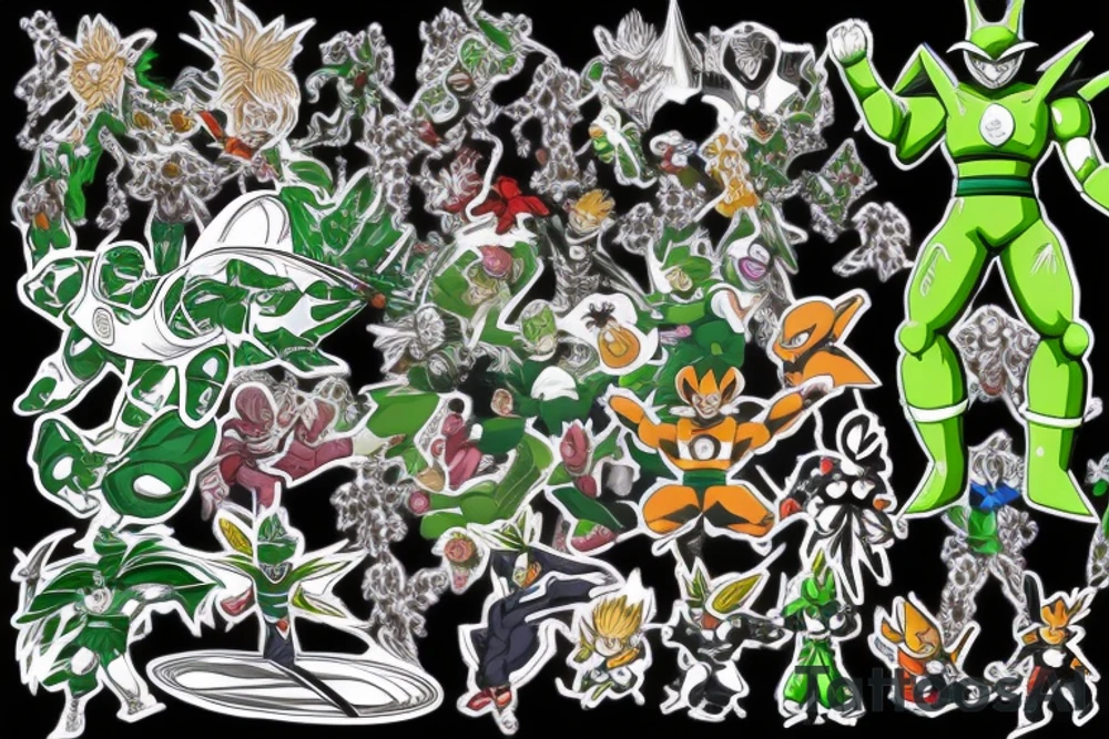 Green power ranger with dragon ball z with Pokémon with marvel characters with Norse mythology tattoo idea
