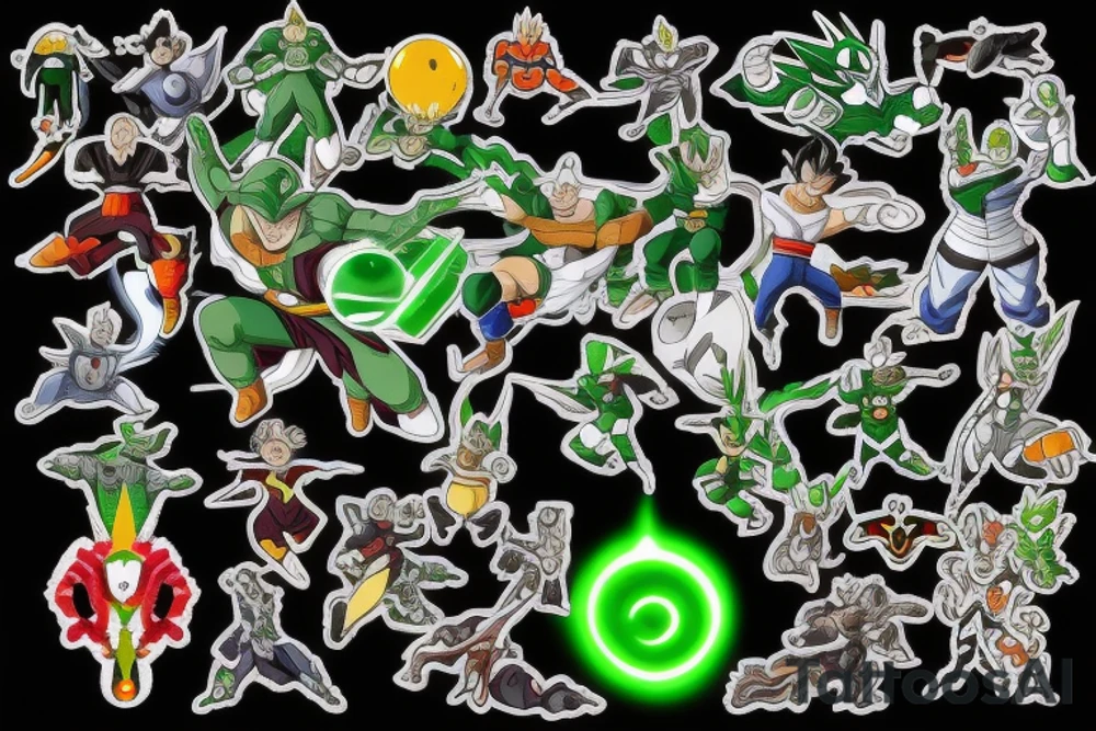 Green power ranger with dragon ball z with Pokémon with marvel characters with Norse mythology tattoo idea