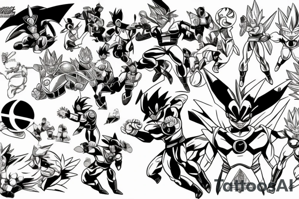 Green power ranger with dragon ball z with Pokémon with marvel characters with Norse mythology tattoo idea