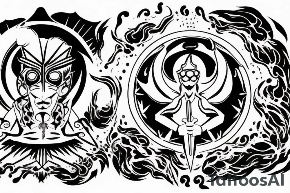 Black and white outline of a Man facing backwards transcending into the Sunlight Warriors sun, Red Sun and Orange rays tattoo idea