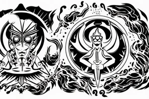 Black and white outline of a Man facing backwards transcending into the Sunlight Warriors sun, Red Sun and Orange rays tattoo idea