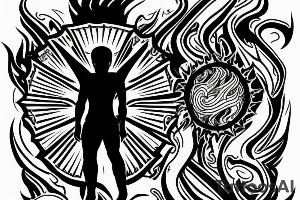 Black and white outline of a Man facing backwards transcending into the Sunlight Warriors sun, Red Sun and Orange rays tattoo idea