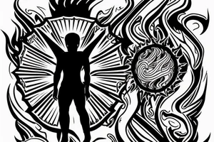 Black and white outline of a Man facing backwards transcending into the Sunlight Warriors sun, Red Sun and Orange rays tattoo idea
