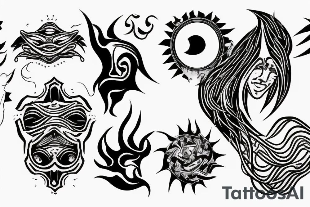 Black and white outline of a Man facing backwards transcending into the Sunlight Warriors sun, Red Sun and Orange rays tattoo idea
