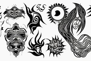 Black and white outline of a Man facing backwards transcending into the Sunlight Warriors sun, Red Sun and Orange rays tattoo idea