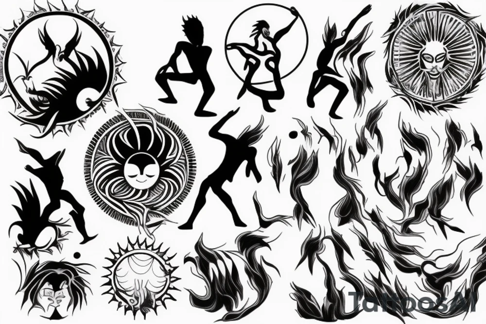 Black and white outline of a Man facing backwards transcending into the Sunlight Warriors sun, Red Sun and Orange rays tattoo idea