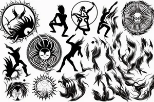 Black and white outline of a Man facing backwards transcending into the Sunlight Warriors sun, Red Sun and Orange rays tattoo idea