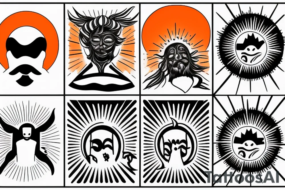 Black and white outline of a Man facing backwards transcending into the  sun, Red Sun and Orange rays tattoo idea