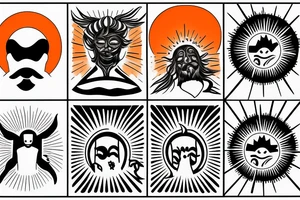 Black and white outline of a Man facing backwards transcending into the  sun, Red Sun and Orange rays tattoo idea