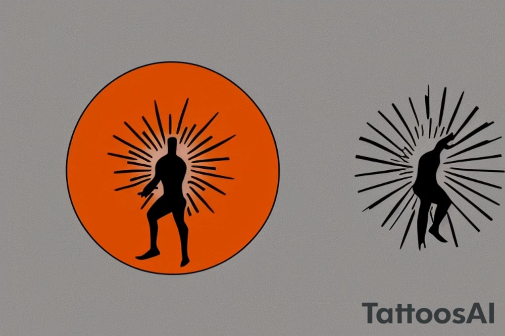 Black and white outline of a Man facing backwards transcending into the  sun, Red Sun and Orange rays tattoo idea