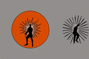 Black and white outline of a Man facing backwards transcending into the  sun, Red Sun and Orange rays tattoo idea