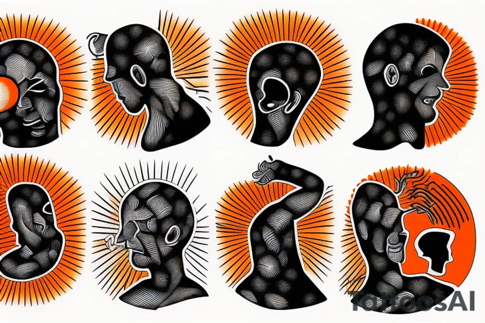 Black and white outline of a Man facing backwards rising into the red and orange sun tattoo idea