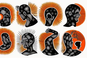 Black and white outline of a Man facing backwards rising into the red and orange sun tattoo idea