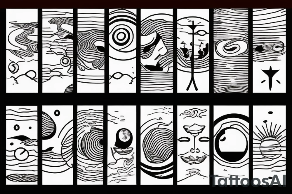 Black and white outline of a Man facing backwards rising into the red and orange sun tattoo idea