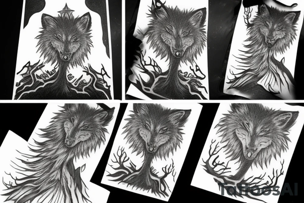 Moon tree wolf tattoo idea