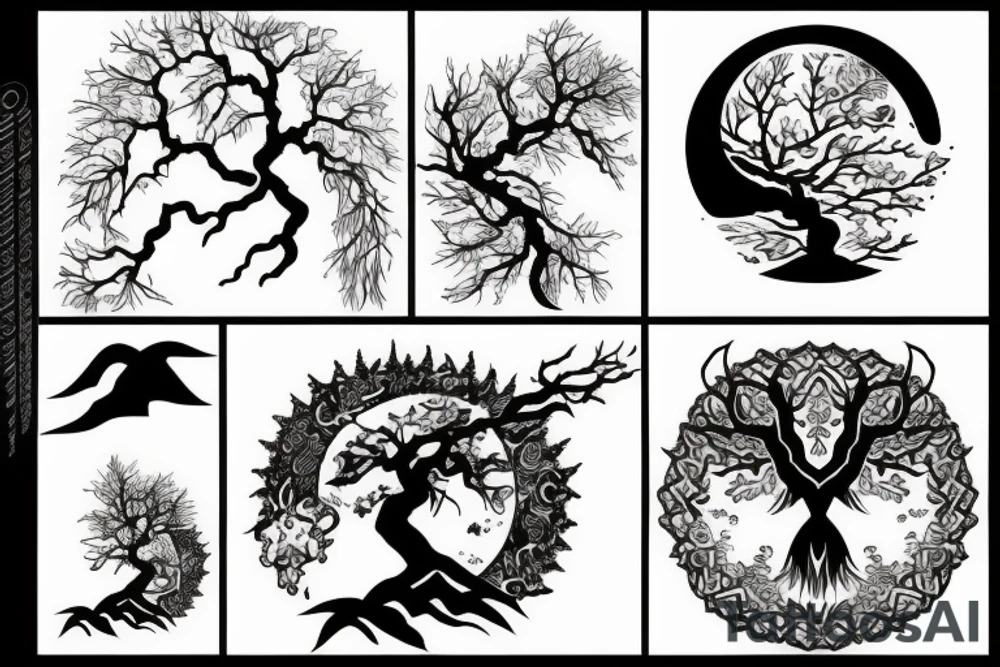 Moon tree wolf tattoo idea