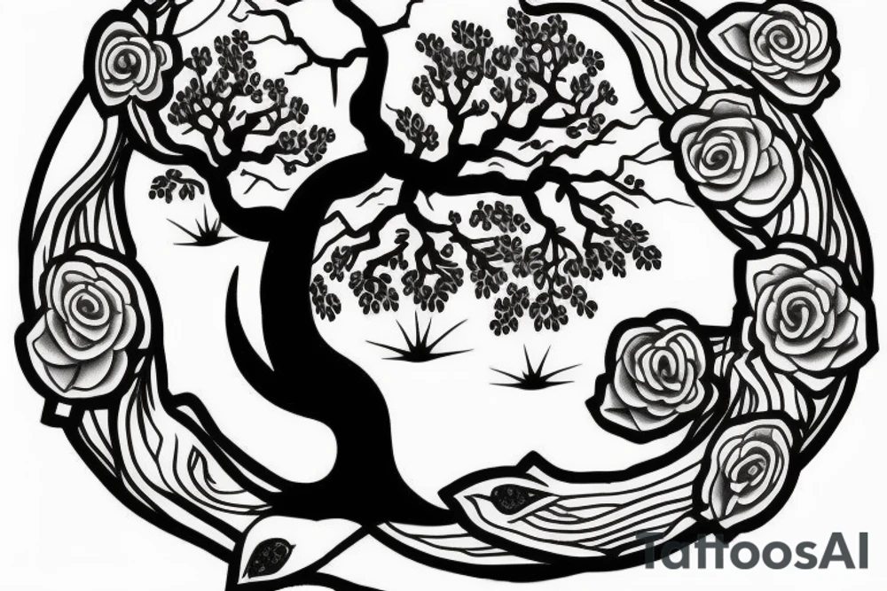 Moon tree wolf tattoo idea