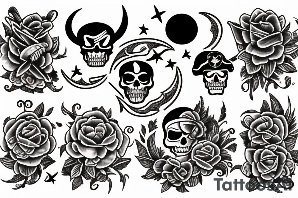 Pirate ship, moon, flowers, tradition tattoo idea