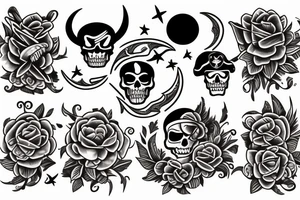 Pirate ship, moon, flowers, tradition tattoo idea