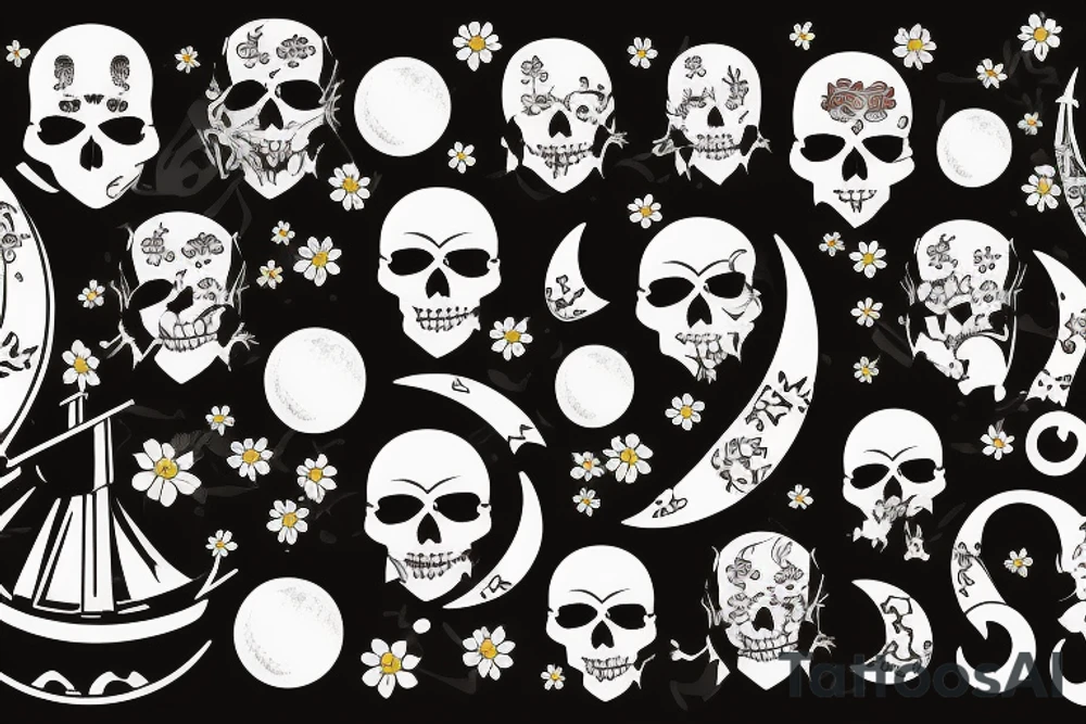 Pirate ship, moon, flowers, tradition tattoo idea