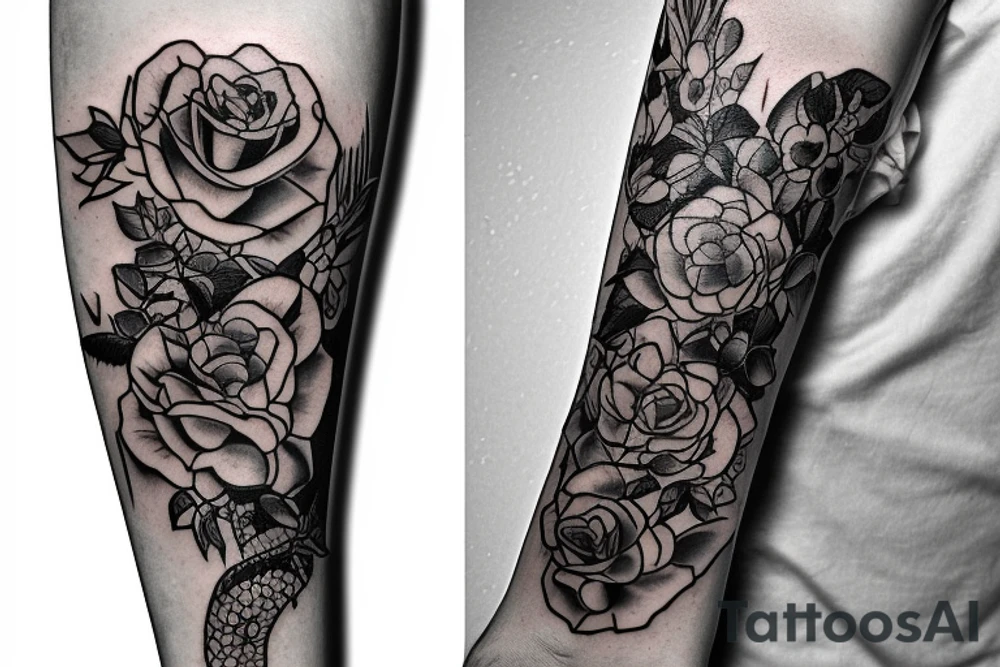 Snake wrapped arpund the arm with roses and flowers and the text "momento more" tattoo idea