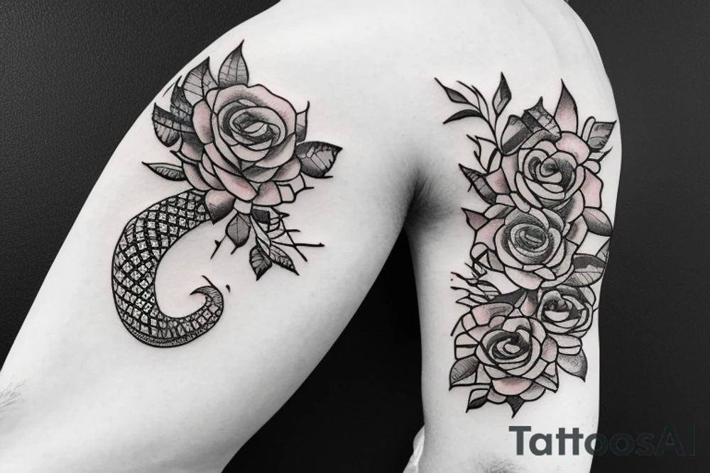 Snake wrapped arpund the arm with roses and flowers and the text "momento more" tattoo idea