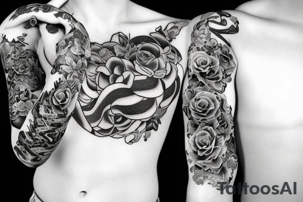 Snake wrapped arpund the arm with roses and flowers and the text "momento more" tattoo idea