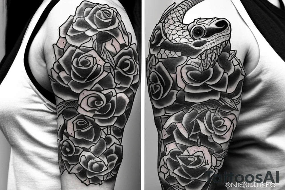 Snake wrapped arpund the arm with roses and flowers and the text "momento more" tattoo idea