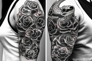Snake wrapped arpund the arm with roses and flowers and the text "momento more" tattoo idea