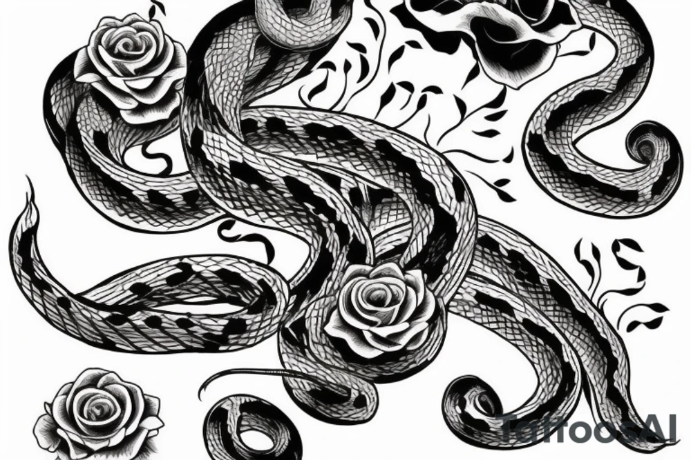 Snake wrapped arpund the arm with roses and flowers and the text "momento more" tattoo idea