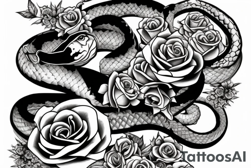 Snake wrapped arpund the arm with roses and flowers and the text "momento more" tattoo idea