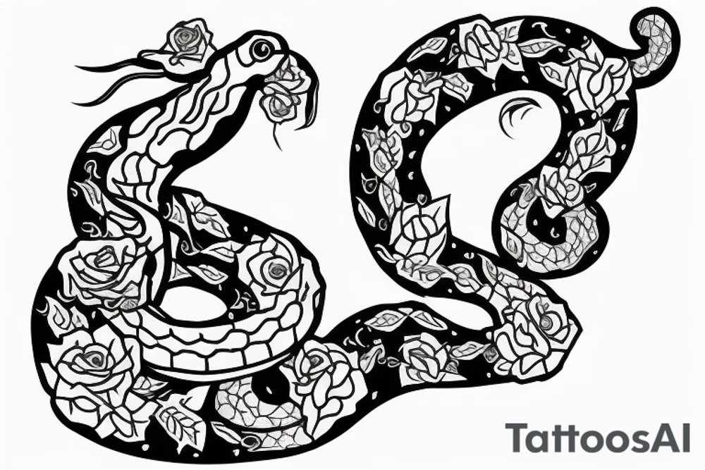 Snake wrapped arpund the arm with roses and flowers and the text "momento more" tattoo idea