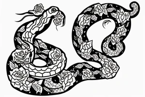 Snake wrapped arpund the arm with roses and flowers and the text "momento more" tattoo idea