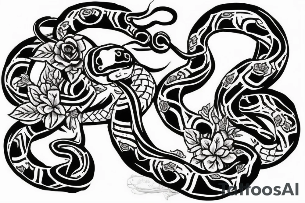 Snake wrapped arpund the arm with roses and flowers and the text "momento more" tattoo idea