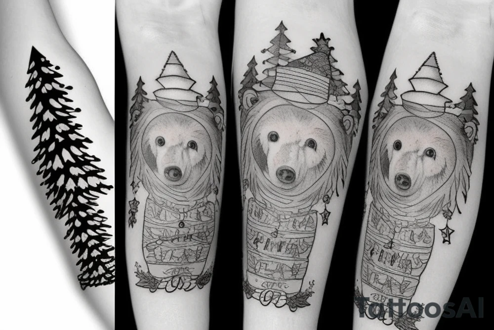 bear with christmas hat tattoo idea