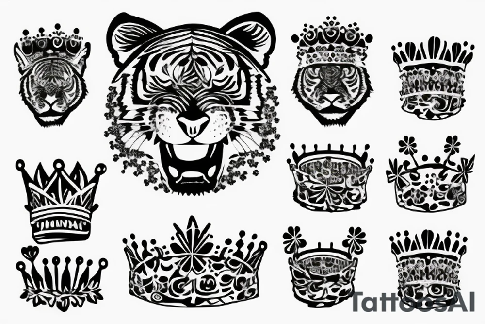 Tiger with flowers around it wearing a crown tattoo idea
