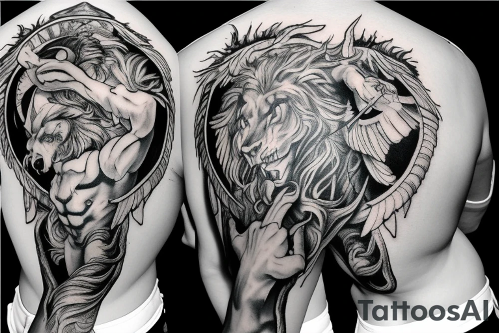 Saint Michael fighting off satan with a lion tattoo idea