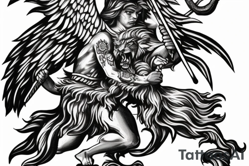 Saint Michael fighting off satan with a lion tattoo idea
