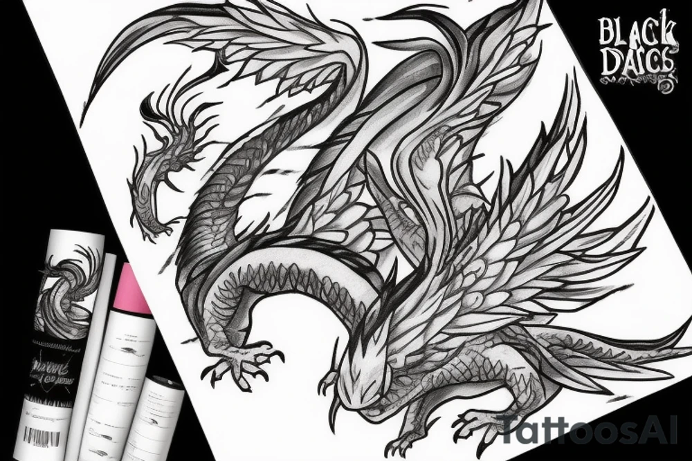 small white dragon rolled in on itself with black trails tattoo idea